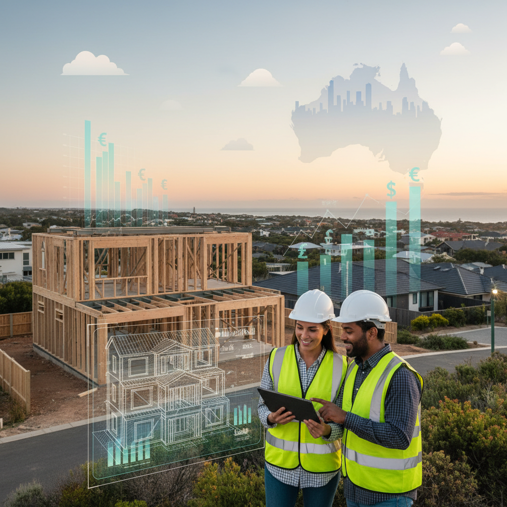 A vibrant city skyline under construction in Australia, featuring cranes and new buildings, symbolising the construction boom and future outlook.